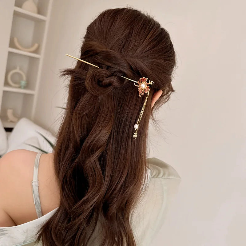 SUYU  New Fashionable Women's Oil Dripping Light Luxury Ancient Style Hairpin With A Simulated Pearl Tassel Headwear Hairpin