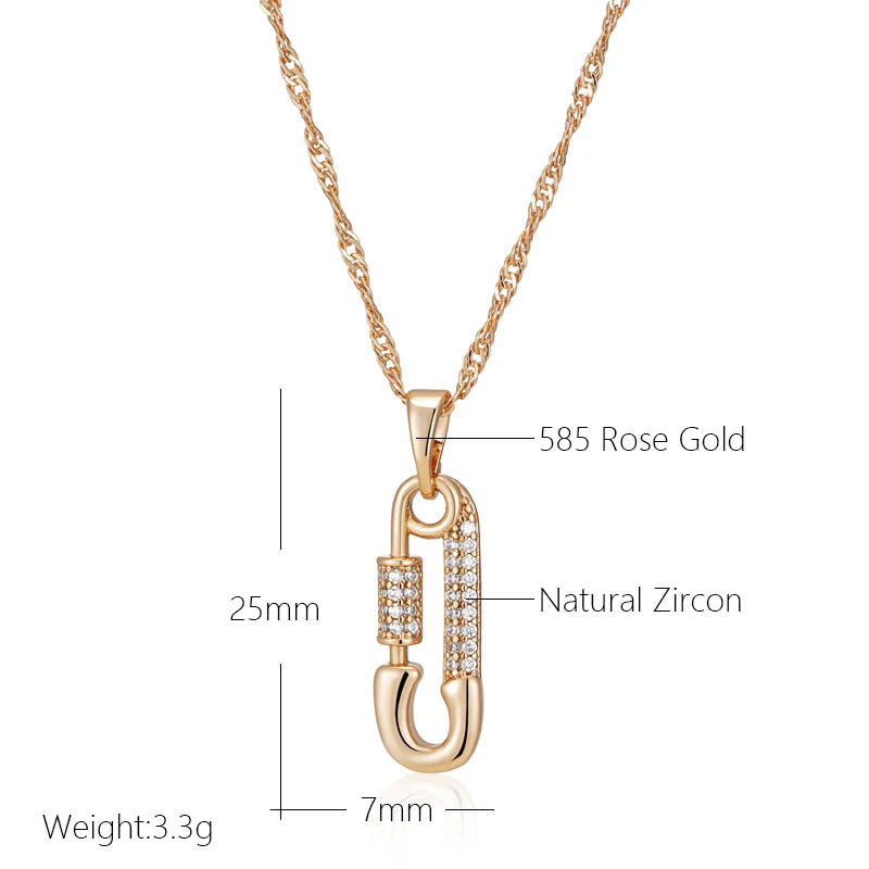 Kienl Trendy 585 Rose Gold Color Personality Pin Shape Pendant Necklace for Women Natural Zircon Pendant Fine Daily Jewelry