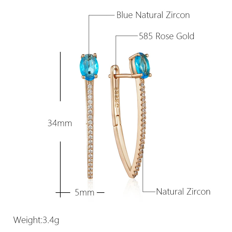 Wbmqda Luxury Fashion V Shape Blue Natural Zircon Drop Earrings For Women 585 Rose Gold Color 2023 Trendy Daily Matching Jewelry