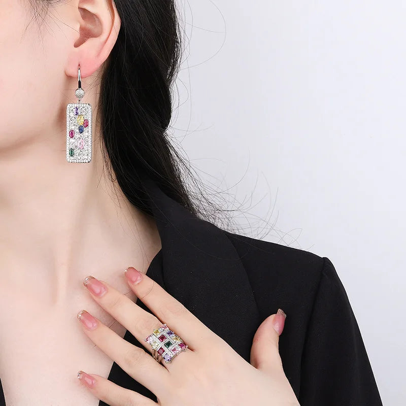 SUYU Colorful Fashion Elegant Rainbow Zircon Inlaid Square Earrings Exaggerated Ring Design Set