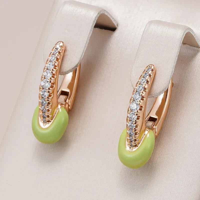 Wbmqda Unique Green Enamel Drop Earrings For Women 585 Rose Gold Color With White Natural Zircon Holiday Party Fashion Jewelry