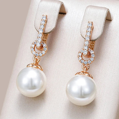 Wbmqda Elegant Pearl Drop Earrings for Women 585 Rose Gold Color With Natural Zircon Luxury Wedding Party Fine Jewelry