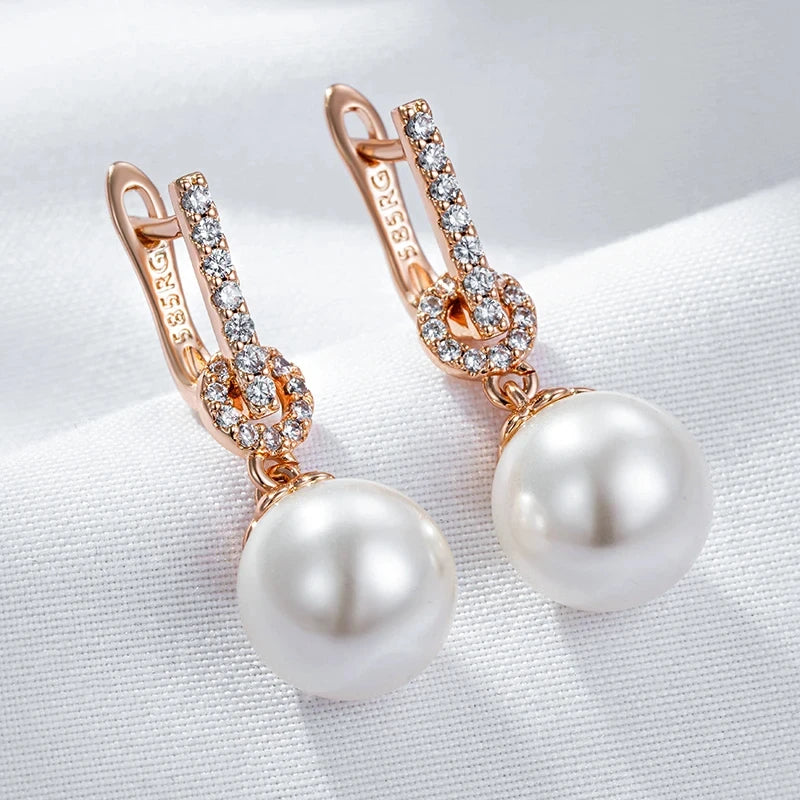 Wbmqda Elegant Pearl Drop Earrings for Women 585 Rose Gold Color With Natural Zircon Luxury Wedding Party Fine Jewelry