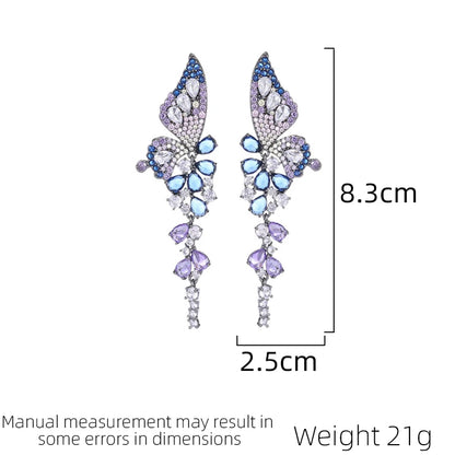 SUYU 2024 New Butterfly Gradient Zircon Women's Earrings Luxury Art Style Earrings Wedding Long Pendant Butterfly Earrings