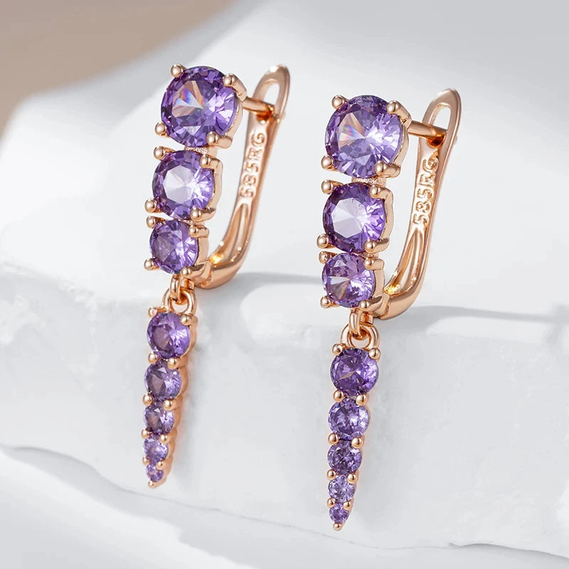 Wbmqda Sparkling Purple Stone Tassel Drop Earrings For Women 585 Rose Gold Color With Natural Zircon Luxury Ethnic Jewelry Gifts