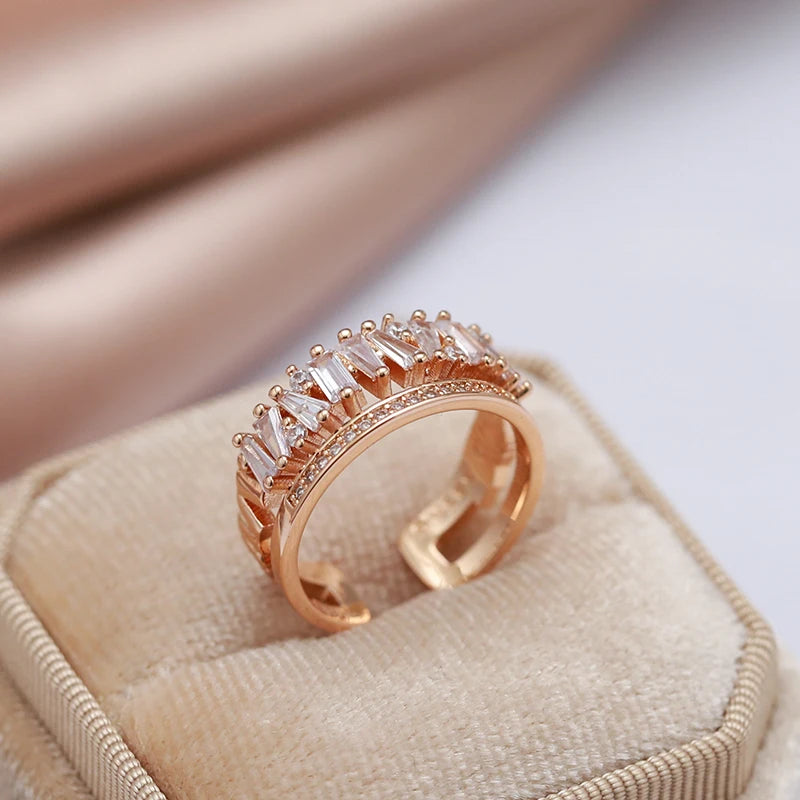 Wbmqda New Fashion 585 Rose Gold Color Natural Zircon Open Ring For Women Daily Fine Accessories Luxury Trendy Crystal Jewelry