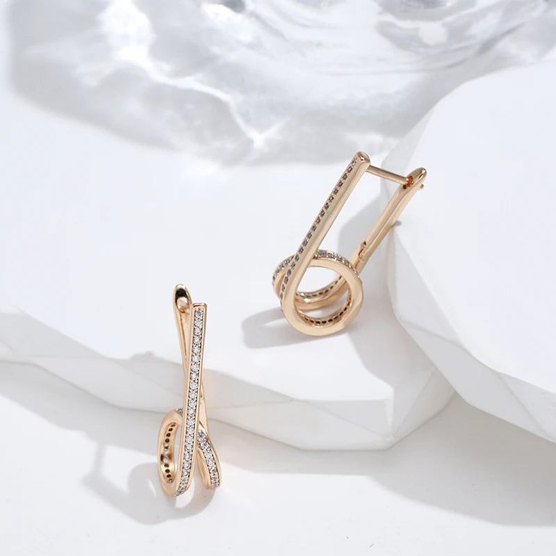 Wbmqda Geometric Long Drop Earrings For Women 585 Rose Gold Color With White Natural Zircon High Quality Daily Fine Jewelry