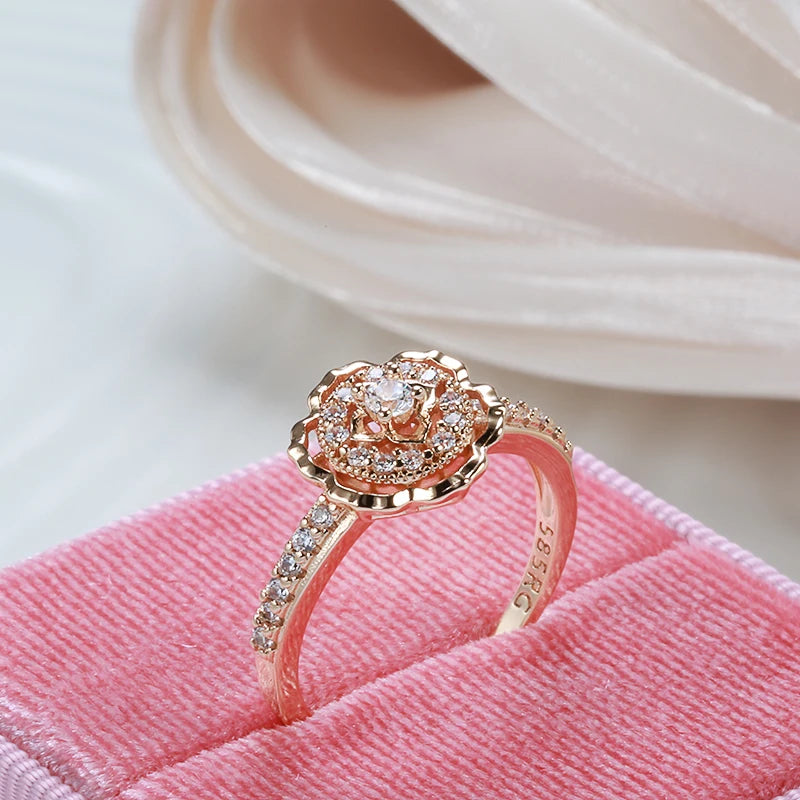 Wbmqda Luxury Metal Flower Finger Ring For Women 585 Rose Gold Color With White Natrual Zircon Ethnic Bride Wedding Jewelry Gift