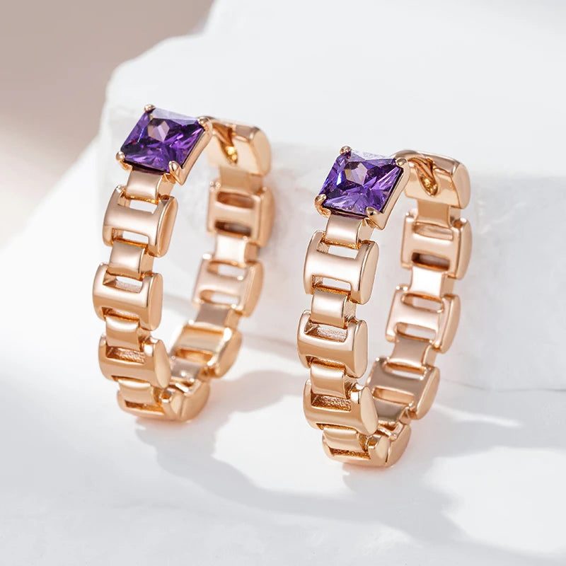 Wbmqda Fashion V Shape Drop Earrings For Women 585 Rose Gold Color With Purple Natural Zircon Daily Party Jewelry 2023 Trending