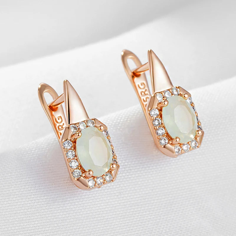 Wbmqda New Oval Green Natural Zircon Drop Earrings For Women 585 Rose Gold Color Luxury Retro Ethnic Wedding Party Fine Jewelry