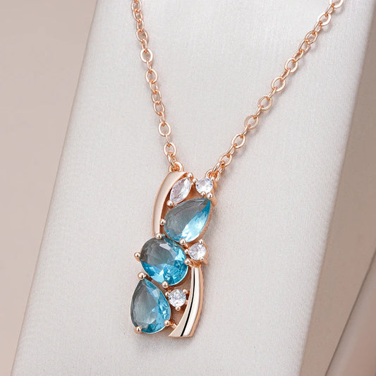 Kinel Hot 585 Rose Gold Color Pendant Necklace for Women Delicate Cut Dazzling Blue Natural Zircon Pendant Daily Fine Jewelry