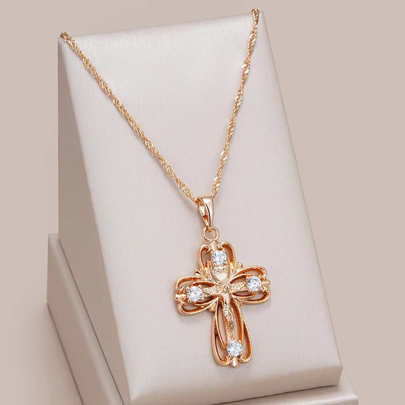 Wbmqda 585 Rose Gold Color Cross Crucifix Jesus Pendant And Necklace For Women Men Classic Simple Zircon Jewelry Accessories