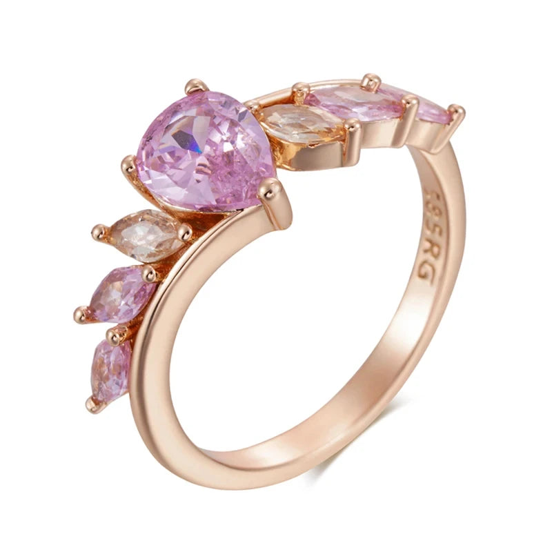 Wbmqda Shiny Pink Stone Ring For Women 585 Rose Gold Color Unique Jewelry Accessories