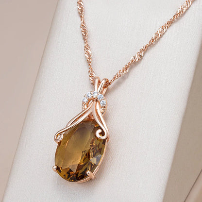 Kinel Hot Big Oval Light Brown Natural Zircon Pendant Necklace for Women Fashion 585 Rose Gold Color High Quality Daily Jewelry