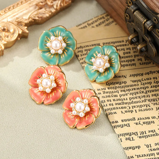 SUYU New Retro Decorative Ancient Costume Accessories Drip Glazed Tea Flower Earrings Simulated Pearl Petals Earrings Winter