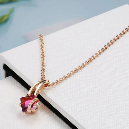 Kinel Hot Square Red Natural Zircon Pendant Necklace for Women Fashion 585 Rose Gold Color Pendant Wedding Jewelry Crystal Gift