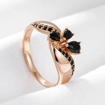 Wbmqda Luxury Elegant Black Natural Zircon Ring For Women 585 Rose Gold Color 2023 Trendy Wedding Party Crystal Flower Jewelry