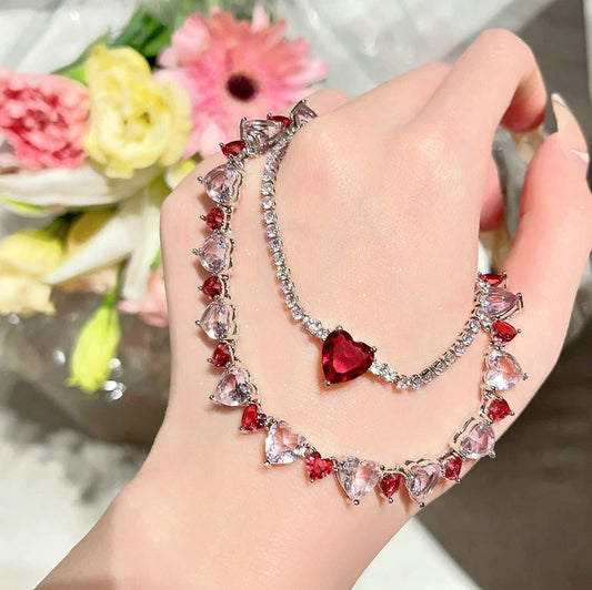 SUYUCCute Pink Rabbit Open Butterfly Single Heart Necklace Classic Pink Women's Candy Zircon Necklace