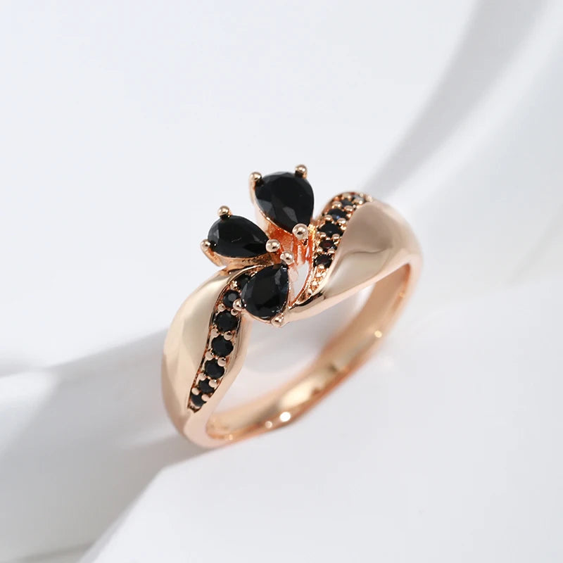 Wbmqda Luxury Elegant Black Natural Zircon Ring For Women 585 Rose Gold Color 2023 Trendy Wedding Party Crystal Flower Jewelry