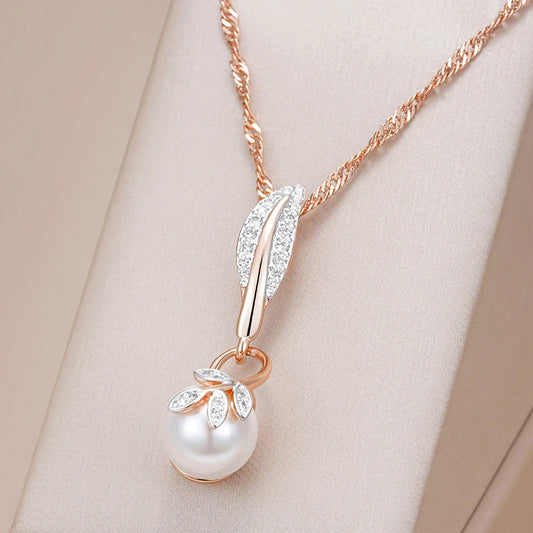 Kinel Hot Crystal Flower Pearl Pendant Necklace for Women 585 Rose Gold Silver Color Mix Boho Ethnic Wedding  Jewelry Gift