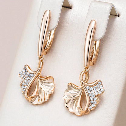 Wbmqda Unique Leaf Shape Long Drop Earrings For Women 585 Rose Gold Color With Natural Zircon Fashion Daily Jewelrry