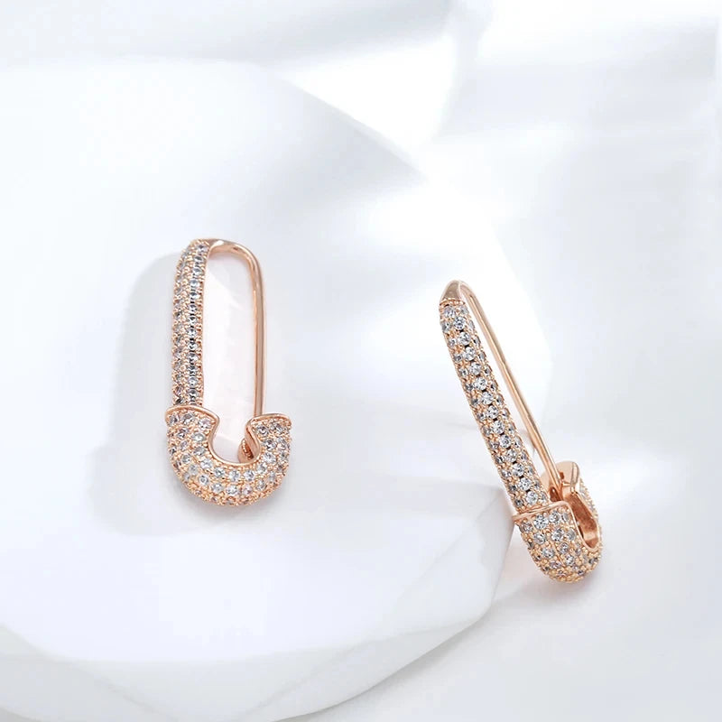 Wbmqda Unique Pin Shape Drop Earrings For Women 585 Rose Gold Color Full Zircon Setting Personalized Pierced Jewelry Accessories