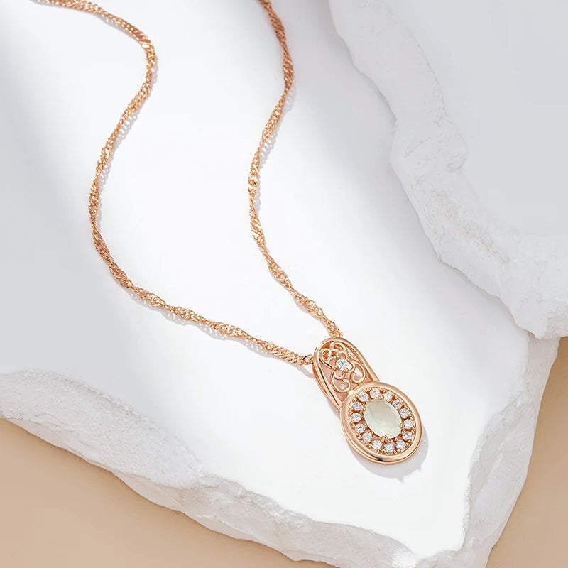 Kinel New Oval Cut Emerald Pendant Necklace Luxury Natural Zircon With 585 Rose Gold Color Flower Ethnic Wedding Daily Jewelry