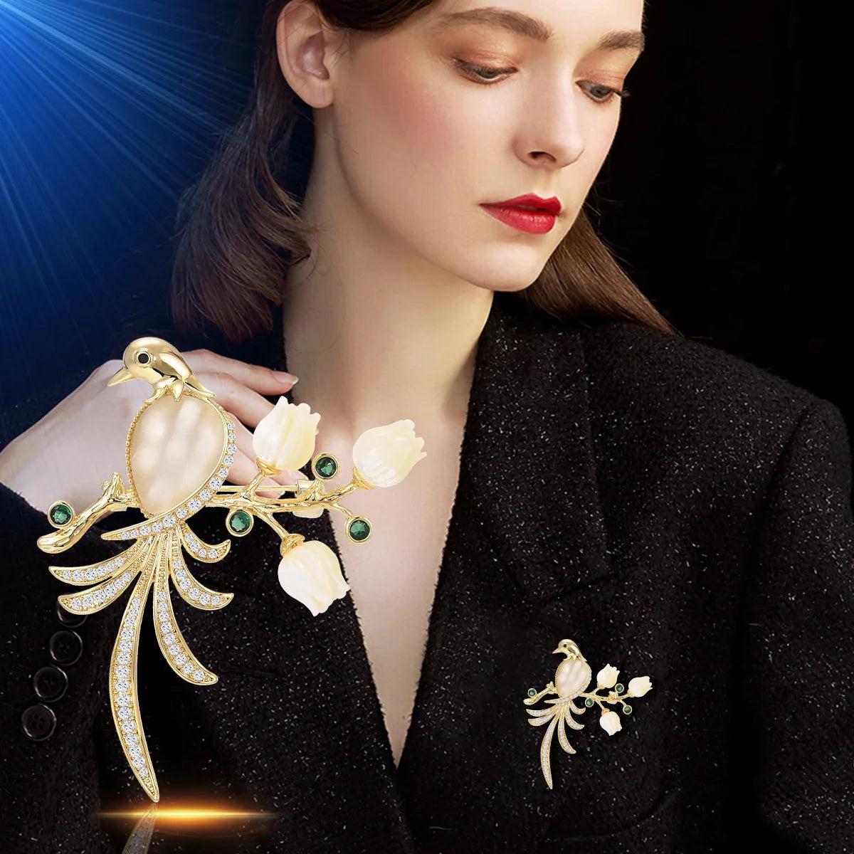 SUYU Fashionable Design New Temperament Iris Flower Magpie Exquisite And Sweet Ancient Style Coat Brooch Cat Eye Exquisite Pin