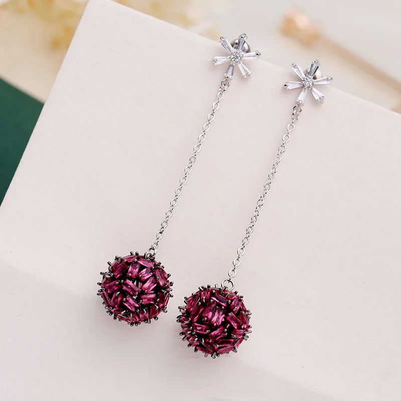 SUYU Colored Cubic Zirconia Snowflake Long Style Temperament Earrings Personality Earrings Hollow Round Earrings