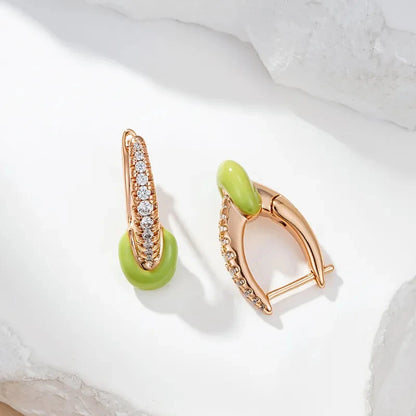 Wbmqda Unique Green Enamel Drop Earrings For Women 585 Rose Gold Color With White Natural Zircon Holiday Party Fashion Jewelry