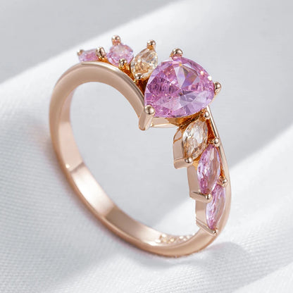 Kinel Luxury 585 Rose Gold Color Ring For Women Shiny Pink Natural Zircon Accessories Daily Fine Jewelry Best Gift