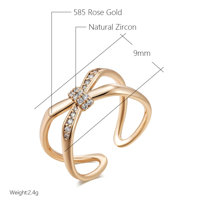 Wbmqda Geometric Lines Crossed Metal Ring For Women 585 Rose Gold Color With White Natural Zircon New Fashion Creative Jewelry