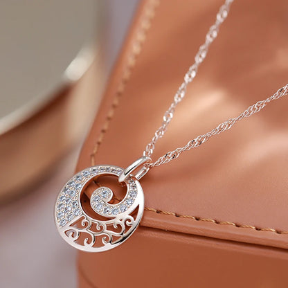 Wbmqda Luxury Circle Hollow Pendant Necklace For Women 585 Rose Gold Color With White Natural Zircon Fine Daily Party Jewelry