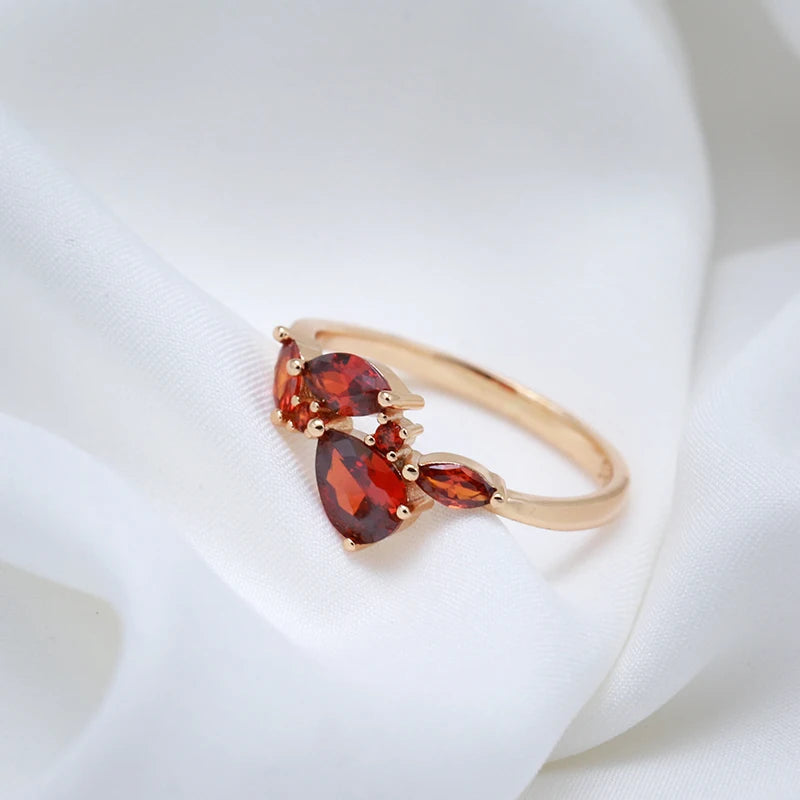 Kinel 2022 Luxury Leaf Ring for Women Red Natural Zircon With 585 Rose Gold Bride Ring Lady Anniversary Gift Wedding Jewelry