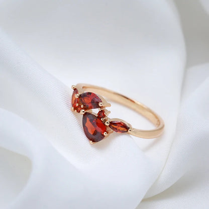 Kinel 2022 Luxury Leaf Ring for Women Red Natural Zircon With 585 Rose Gold Bride Ring Lady Anniversary Gift Wedding Jewelry