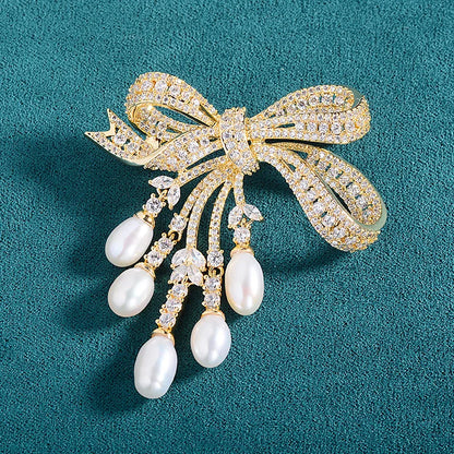 SUYU Ladies' Light Luxury Design Elegant Imitation Pearl Inlaid Zircon Bow Brooch Fashionable Versatile Niche Design Brooch