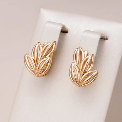 Wbmqda 585 Rose Gold Color Simple Fashion Hollow Grass Shaped Hoop Earrings For Women Daily Matching Fine Jewelry Accessories