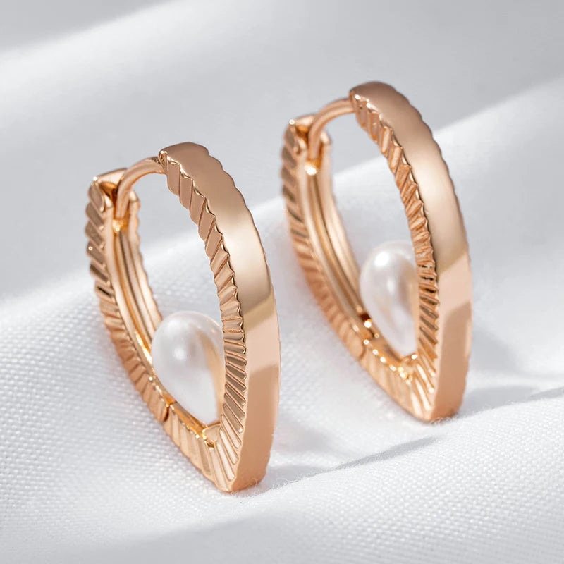 Wbmqda Unique 585 Rose Gold Color Glossy V Shape Peal Drop Earrings For Women High Quality Daily Party Fashion Jewelry Gifts