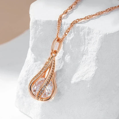 Wbmqda Luxury Natural Zircon Pendant And Necklace For Women 585 Rose Gold Color Sparkling Bridal Wedding Party Ethnic Jewelry