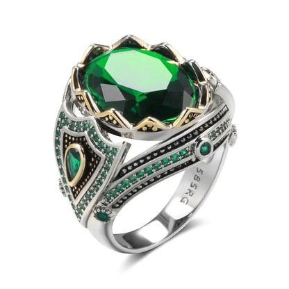 Kinel Vintage Ring for Men Green Natural Zircon Hand Engraved Pattern Ethnic Jewelry Punk Big Ring Best Daily Accessories