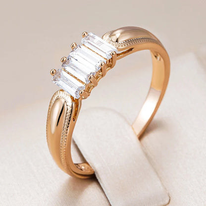 Wbmqda Simple Fashion Metal Glossy Ring For Women 585 Rose Gold Color With White Square Natural Zircon Fine Daily Party Jewelry