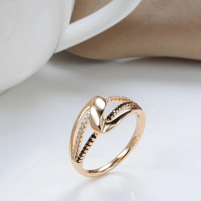 Wbmqda Unique Geometric Design 585 Rose Gold Color With Black And White Natural Zircon High Quality Daily Finger Ring For Women