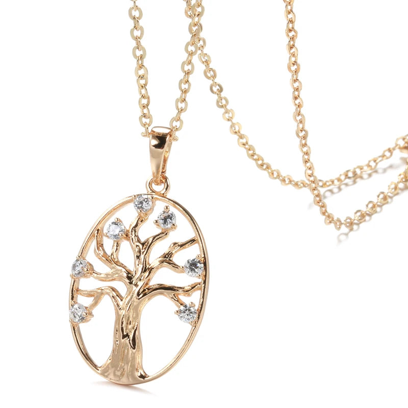 Wbmqda Fashion Oval Hollow Life Tree Pendant And Necklace For Women 585 Rose Gold Color Fine Zircon Neck Chain Jewelry Gifts