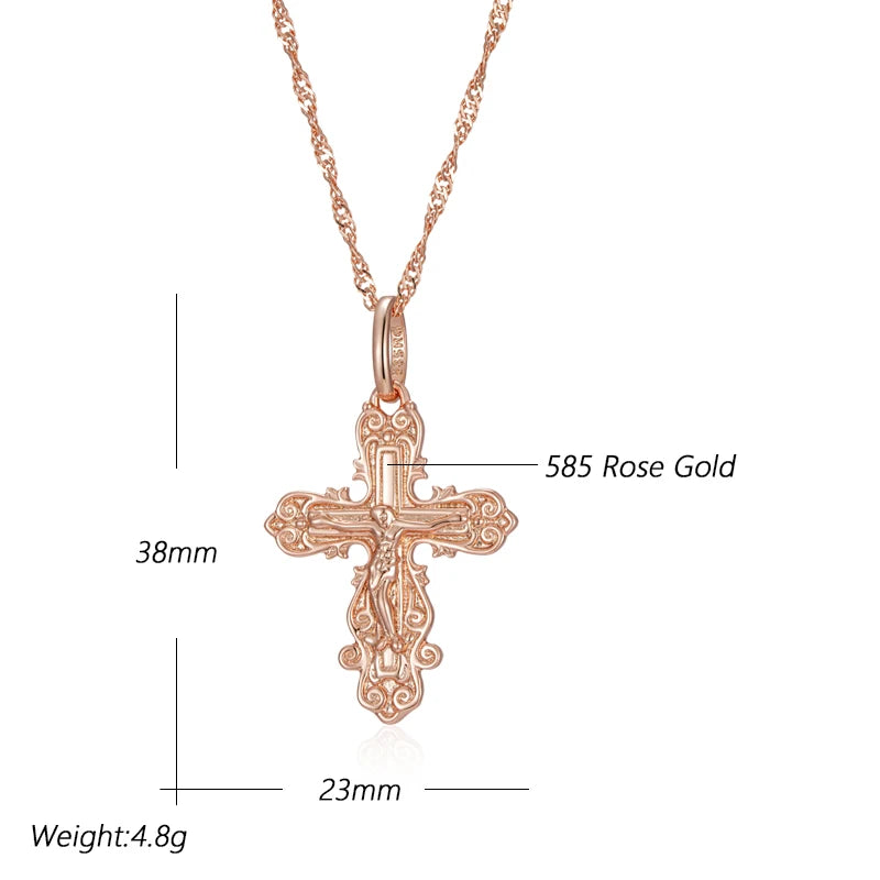 Kinel Luxury 585 Rose Gold Color Cross Pendant Necklace For Women Men Orthodox Church Jesus Glossy Charm Daily Fine Jewelry