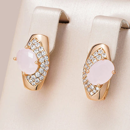 Wbmqda Fashion 585 Rose Gold Color Oval Pink Full Zircon Dangle Earrings For Women Exquisite Luxury Wedding Party Jewelry Gifts