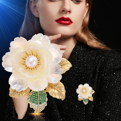 SUYU Autumn new natural shell white peony brooch simulation pearl wealth camellia flower brooch female accessory