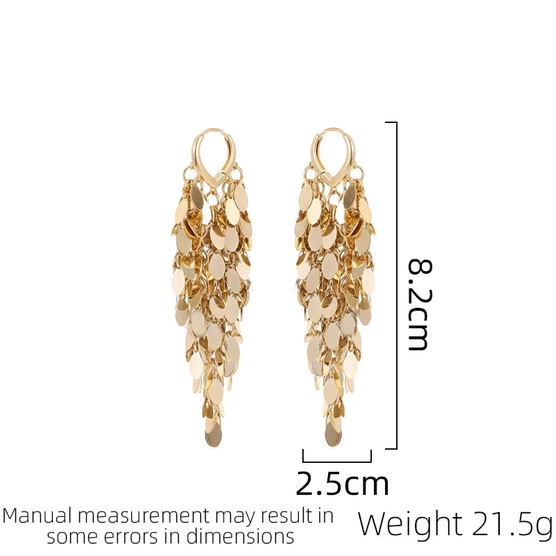 Exaggerated Atmospheric Niche Design Long Metal Sequin Tassel Earrings