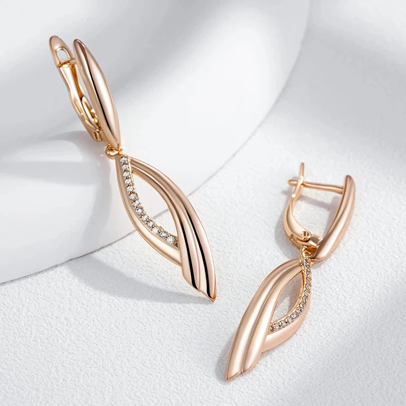 Wbmqda Simple Eleangt Long Drop Earrings For Women 585 Rose Gold Color With Natural Zircon  Wedding Party Fashion Dubai Jewelry