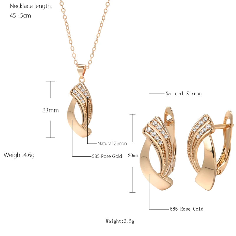 Kinel Hot Trend Glossy Dangle Earrings Necklace Sets 585 Rose Gold Simple Geometry Natural Zircon Women Daily Fine Jewelry Sets