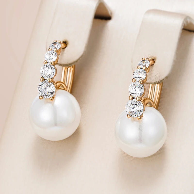 Wbmqda Luxury Elegant Pearl Drop Earrings For Women 585 Rose Gold Color Natural Zircon Setting Wedding Party Fine Jewelry Gifts